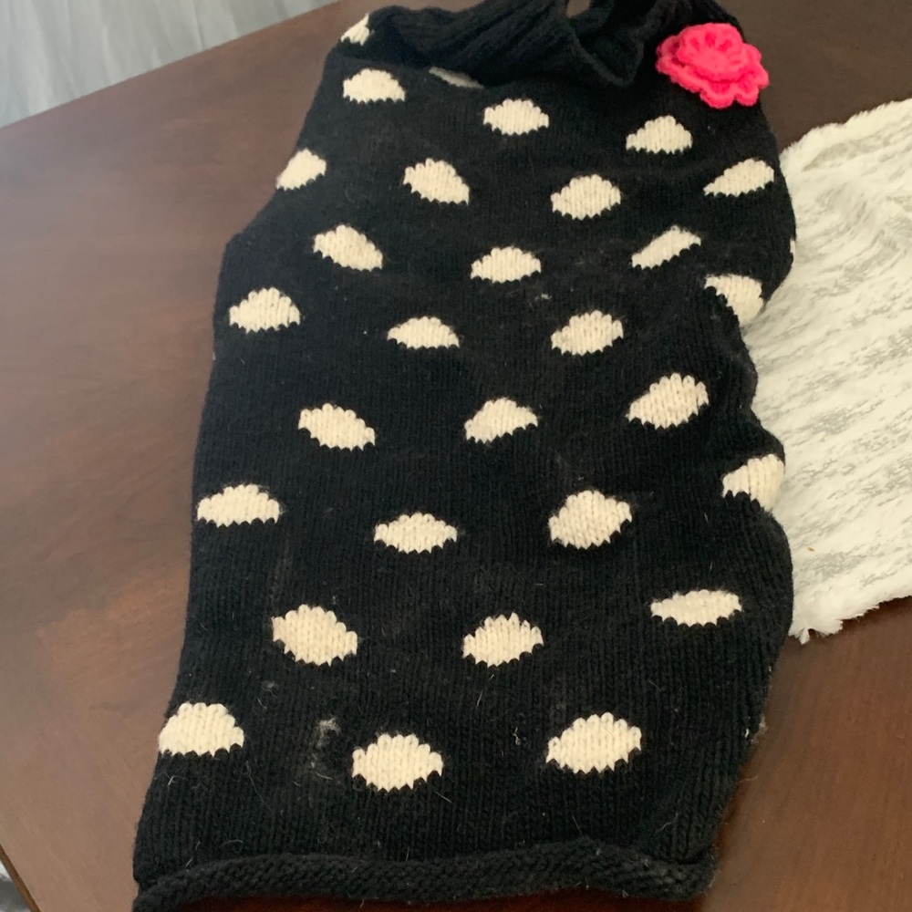 Black and Cream Polka Dot Knit DogSweater with Pink Flower Accent